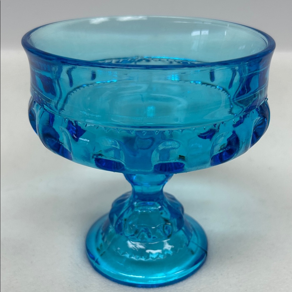 Vintage 5 x4 blue thumbprint “Kings Crown “ pedestal compote by Indiana Glass Co